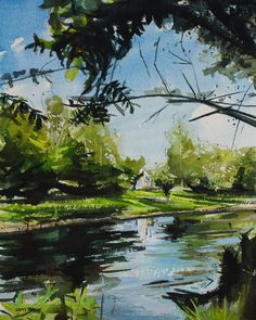 a painting of a river with trees in the background