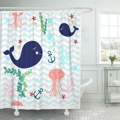 a shower curtain with an octopus, whale and starfish on it