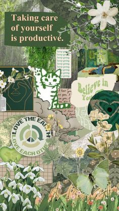 a collage of flowers, plants and signs with the words taking care of yourself is protective