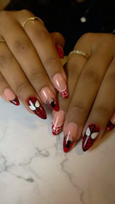 Spiderman nails, red nails, art nail, almond nails, pretty nails, aesthetics, Red Spider Man Nails, Spider Almond Nails, Spiderman Nails Almond Shape, Subtle Spiderman Nails, Spider Man Nails Black, Spiderman Christmas Nails, Spider Man Almond Nails, Nails Ideas Spiderman, Spidergirl Nails