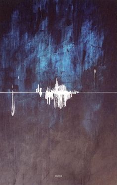 an abstract painting with white lines and blue paint on the wall, in front of a black background