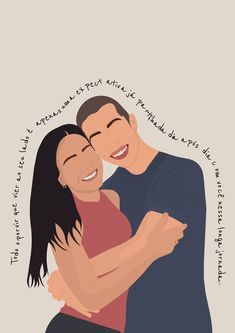 a man and woman hugging each other in front of a white background with words on it