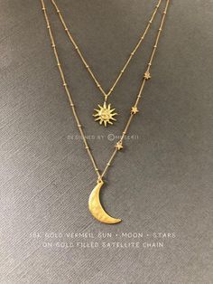 Gold Moon and Sun double layered Necklace, Gold Moon and star necklace, Mother daughter necklace, Celestial jewelry, Gift for women Good Luck Necklace, Friendship Necklace, Dainty Diamond Necklace, Mother Daughter Necklace, Star Charm Necklace