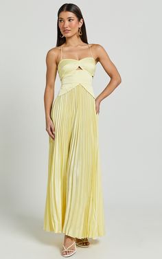 Shay Maxi Dress - Sweetheart Cut Out Pleated Dress in Lemon Bridesmaid Aesthetic, Strapless Formal Dress, College Dress, White Long Sleeve Dress, Guest Attire, Cute Prom Dresses, Wedding Attire Guest, Pretty Prom Dresses