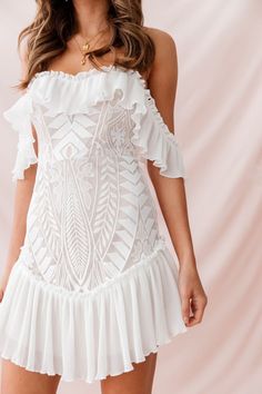 Buy the Dreamy Off-Shoulder Mini Dress White | Selfie Leslie Summer Off Shoulder Dress With Sweetheart Neckline, White Strapless Off Shoulder Dress For Brunch, White Strapless Off-shoulder Dress For Brunch, Flowy Strapless Off Shoulder Dress With Ruffles, Flowy Strapless Off-shoulder Dress With Ruffles, Summer Wedding Off Shoulder Dress With Fitted Bodice, Off-shoulder Dresses With Ruffles And Fitted Bodice, Off-shoulder Ruffled Dress With Fitted Bodice, White Flowy Maxi Dress With Sweetheart Neckline