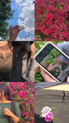 a collage of people taking pictures with their cell phones and flowers in the background