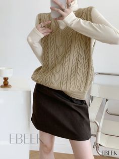 Ebeek - Womens Cable Knit Vest with V-Neck Design: Sleeveless Casual Sweater, Loose Fit Attire for Comfortable Styling Beige V-neck Tank Top For Fall, Casual V-neck Stretch Sweater Vest, Stretch V-neck Vest For Fall, Stretch V-neck Sweater Vest For Layering, Stretch Knit V-neck Vest, Solid Color Stretch V-neck Sweater Vest, Beige Stretch Sweater Vest Sleeveless, Beige Stretch Sleeveless Sweater Vest, Trendy Beige V-neck Sweater Vest