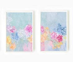 three paintings with flowers in them on a white wall, one is blue and the other is pink