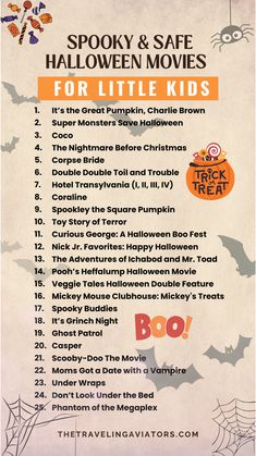 the spooky and safe halloween movies for little kids is shown in this poster