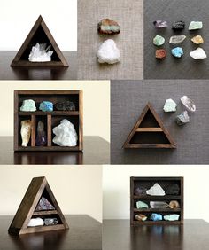 For Jess ~ Stone and Crystal Set and Miniature Wood by TheHauntedHollowTree. $75.00, via Etsy. Curio Shelf, Zen Home Decor, Mineral Display, Crystal Shelves, Crystal Display, Wooden Houses, Wood Shelf, Wood Drawers, Mineral Collection