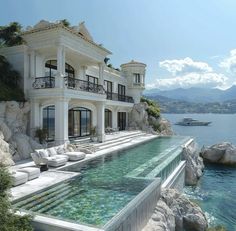 a large white house sitting on top of a cliff next to the ocean