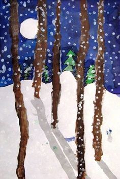 a painting of some trees in the snow