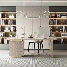 a home office with shelves, desk and chair in front of a laptop on a table