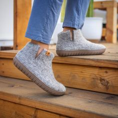 Slip into our coziest and most supportive booties ever! Baabushka's new line of outdoor footwear now features built-in arch support. Paired with extra layers of felt, our cushiony booties provide relief for those days full of standing and walking.Our redesigned rubber soles sport deeper non-skid treads for enhanced gri Bootie Slippers, Felt Shoes, Women Crafts, Wool Slippers, Felted Slippers, Those Days, Work Clothes, Knitting Accessories, Natural Wool