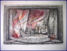 a drawing of a stage with fire in the background