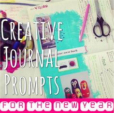 the words creative journal with scissors, pens and other items on top of it in front of