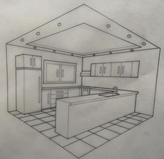 a drawing of a kitchen with an island in the middle