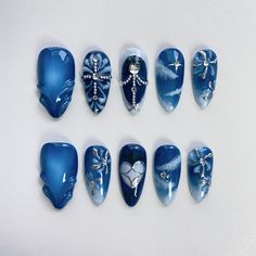 custom nails,long nails ,short nails ,long Coffin Nails,short Coffin Nails,long almond nails,short almond nails,Spring Nails,summer Nails,fall nails,fake nails,presson nails,kawaii nails,gyaru nails,glue on nails,false nails,cute nails,christmas nails,chrome nails,Stiletto Nail,Princess nails,Fairy Nails, Elegant nails,Trendy nails 🌸About the product  1.Each set include 10 nails of 100% handmade  2. Cuticle stick 3. Nail file 4. Jelly glue set 5. Packaging storage box 🌸Material: Acrylic 🌸How Blue Nails Fall, Christmas Nails Chrome, Cute Nails Christmas, Chrome Nails Stiletto, Nails Gyaru, Blooming Nails, Gyaru Nails, Nails Boho, Nails Short Almond