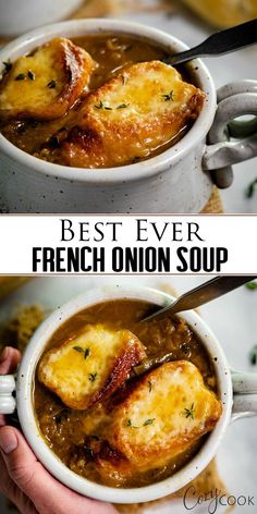 two pictures of french onion soup with bread in it and the words best ever on top