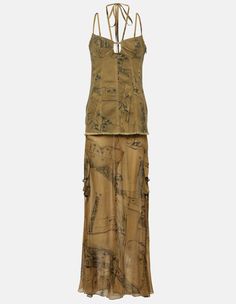 Printed denim-trimmed gown Blumarine Dress, Army Dress, Sheer Skirt, Fantasy Dress, Body Dress, Vestido Casual, Printed Denim, Style Maxi Dress, Sweetheart Neck