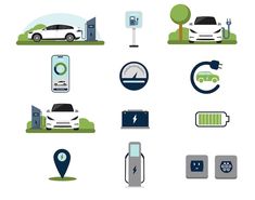 various types of electric vehicles are depicted in this illustration, including an electric car charging station