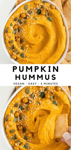 two bowls filled with pumpkin hummus next to crackers