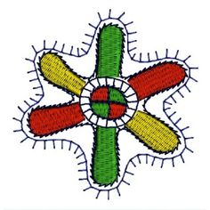 a cross stitched into the center of a machine embroidered onto a white shirt with red, yellow and green stitches