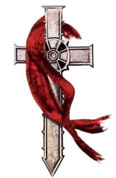 the cross is decorated with red feathers and has a wheel on it's side