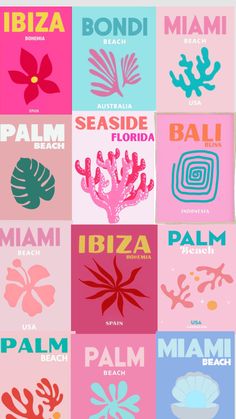 the poster shows different types of plants and animals in pink, blue, green, red,