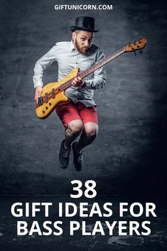 a man jumping in the air with a guitar and text that reads, 38 gift ideas for bass players