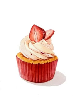 a watercolor painting of a cupcake with whipped cream and strawberries on top