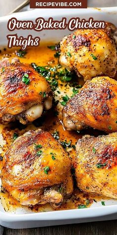 baked chicken thighs in a white casserole dish