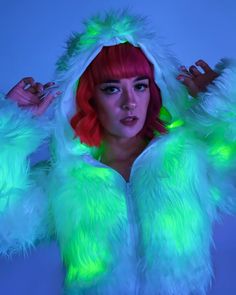 Green LED White Furry Cropped Hooded Jacket – Rave Wonderland Rave Wonderland, Green Lights, Green Led, In The Dark, New Outfits, Stay Warm, Hooded Jacket, Light Green, The Darkest