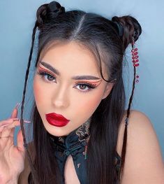 Ninja Makeup, Edc Makeup, Hayley Bui, Shoulder Bob, Red Makeup Looks, Geisha Makeup, Geisha Hair, New Year Hairstyle, New Year's Makeup