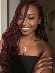 New Locs Hairstyles For Women, Different Locs For Women, Burgundy Brown Locs, Dark Red Dreadlocks, Dark Skin Girl With Locs, Ginger Tips Locs, Burgundy Hair Locs, Deep Red Locs, Red Locs Black Women Dark Skin