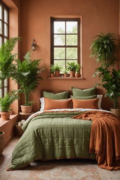 a bedroom with orange walls and green plants in the window sill on the bed