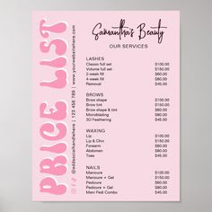 a pink poster with the words beauty and price list on it, in front of a gray wall