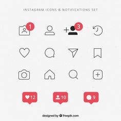 the instagram icons and notifications set is shown in red, black and white