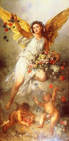 a painting of an angel surrounded by cherubs with flowers in their hands and on the ground