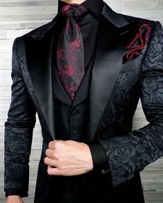 Gothic Tuxedo Men, Black And Red Suits Men, To Start A Conversation, Dress Suits For Men, Designer Suits For Men, Prom Suits, Fashion Suits For Men, Black Suit, Wedding Suits Men