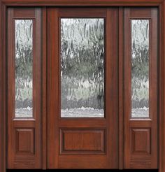 a wooden door with two sidelights and glass panels on the top half of it