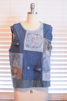 Fun Pockets Upcycled Denim Vest Size ONLY One  Unique Piece. Bust: 41" Length: 23 1/4" Size Medium/ Size Large This is a sample when we develop our design, so we have lowered the price of this item. Our price is based on novelty level of design, time efforts for each piece of work, the item's fabric quality, and the wholeness of craftsmanship of each creation. Welcome to my Youtube channel to see how I create stuff: @sophistitchation My channel: https://youtube.com/@sophisticated_stitch Thank you for choosing Sophistitchation. Welcome to follow our Instagram: @sophistitchation Welcome To My Youtube Channel, Union City, Upcycled Denim, My Youtube Channel, Denim Vest, Womens Vest, Medium Size, Youtube Channel, Unique Pieces