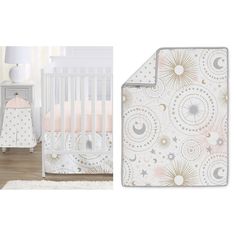 a baby crib bedding set with stars and moon prints on the sheets, next to an image of a white crib