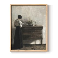 a painting of a woman standing in front of a desk