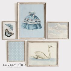 four framed pictures with swan and dress on them