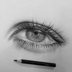 a pencil drawing of an eye with long lashes