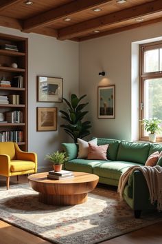 a living room filled with furniture and bookshelves next to a large open window