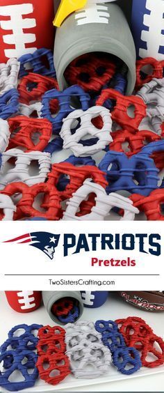 some footballs are stacked on top of each other with the words patroots pretzels