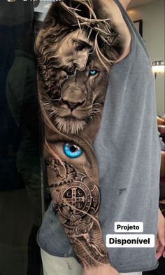 a man's arm with a lion and blue eyes