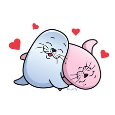 two cartoon animals hugging each other with hearts in the background and one cat has its eyes closed